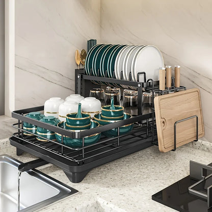 Prequel® Égouttoir à vaisselle extensible à 2 niveaux — Ensemble complet avec égouttoir, porte-couteaux et organiseur pour planche à découper