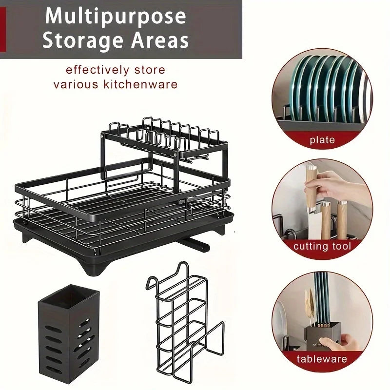 Prequel® Égouttoir à vaisselle extensible à 2 niveaux — Ensemble complet avec égouttoir, porte-couteaux et organiseur pour planche à découper
