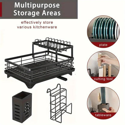 Prequel® Égouttoir à vaisselle extensible à 2 niveaux — Ensemble complet avec égouttoir, porte-couteaux et organiseur pour planche à découper