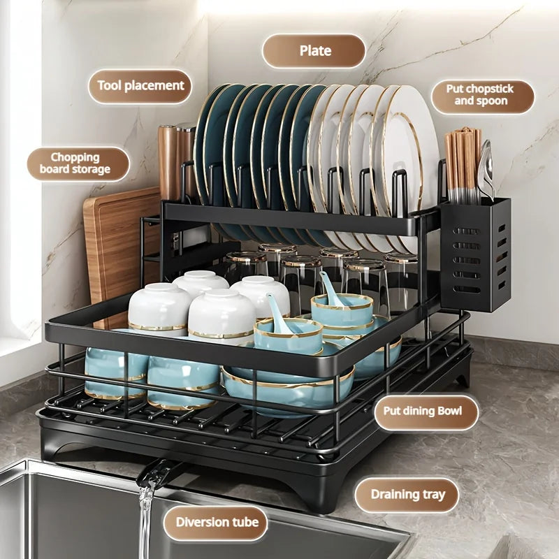 Prequel® Égouttoir à vaisselle extensible à 2 niveaux — Ensemble complet avec égouttoir, porte-couteaux et organiseur pour planche à découper