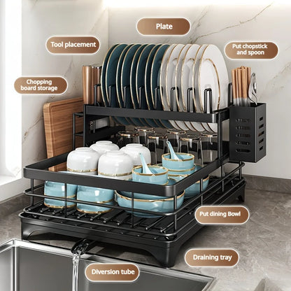 Prequel® Égouttoir à vaisselle extensible à 2 niveaux — Ensemble complet avec égouttoir, porte-couteaux et organiseur pour planche à découper