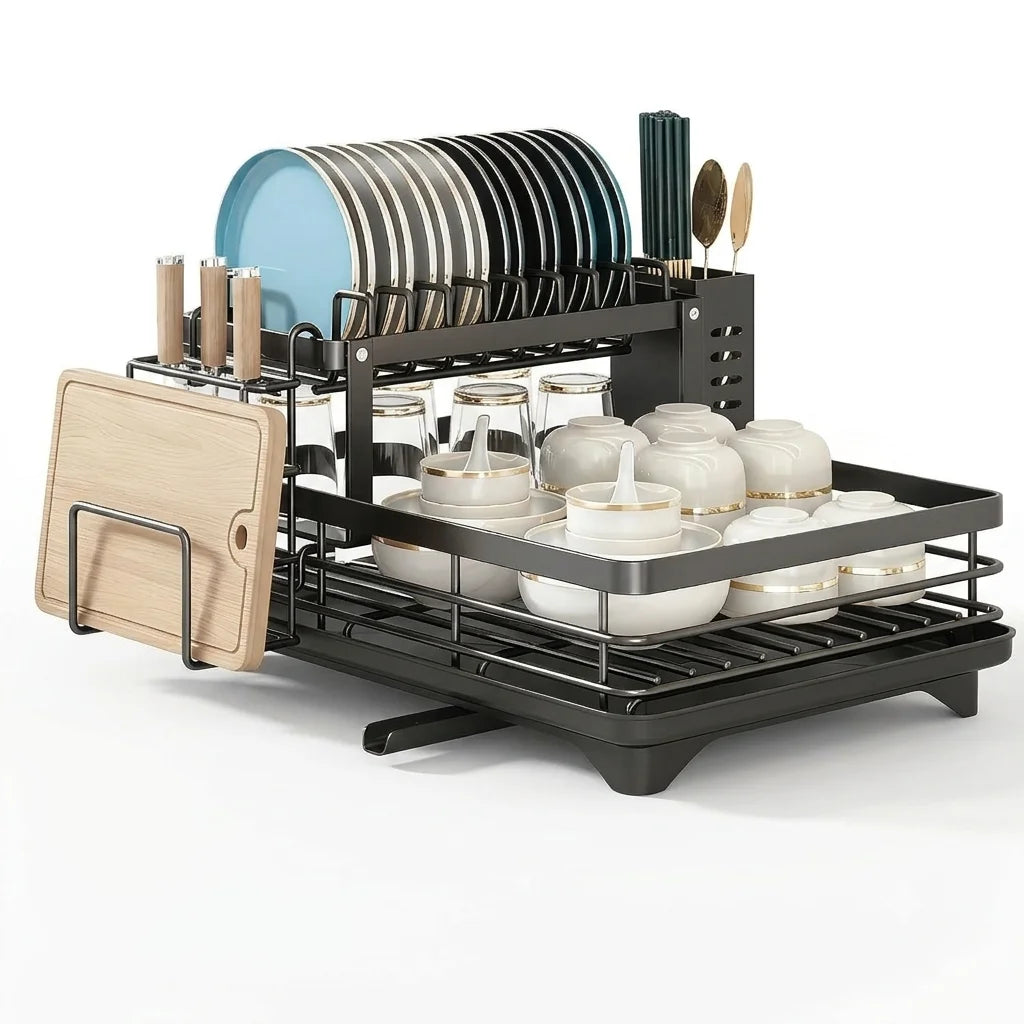 Prequel® Égouttoir à vaisselle extensible à 2 niveaux — Ensemble complet avec égouttoir, porte-couteaux et organiseur pour planche à découper