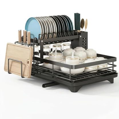 Prequel® Égouttoir à vaisselle extensible à 2 niveaux — Ensemble complet avec égouttoir, porte-couteaux et organiseur pour planche à découper