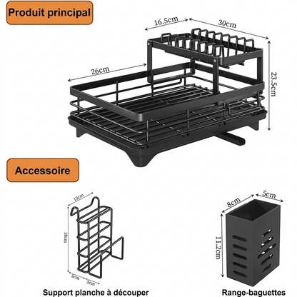 Prequel® Égouttoir à vaisselle extensible à 2 niveaux — Ensemble complet avec égouttoir, porte-couteaux et organiseur pour planche à découper